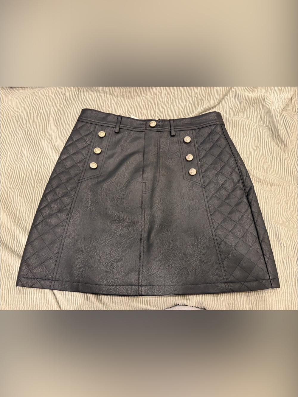 River Island Black Quilted Faux Leather Mini Skirt with Gold Buttons